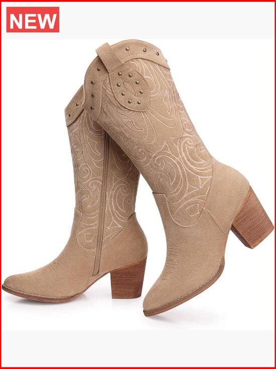 Shoes - Western Mid Calf Boots for Women – Chunky Heel Pointed Toe Suede Embroidered
